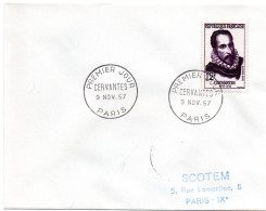 ECRIVAIN / CERVANTES = 75 PARIS 1957 = CACHET PREMIER JOUR N° 1134 Sur ENVELOPPE ENTIERE - Ecrivains