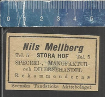 NILS MELLBERG - STORA HOF -  OLD VINTAGE ADVERTISING MATCHBOX LABEL MADE IN SWEDEN SVENSKA TÄNDSTICKS A B - Cajas De Cerillas - Etiquetas