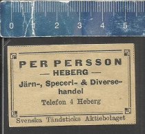 HEBERG - PER PERSSON -  OLD VINTAGE ADVERTISING MATCHBOX LABEL MADE IN SWEDEN SVENSKA TÄNDSTICKS A B - Matchbox Labels