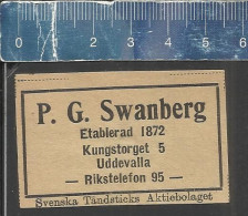 UDDEVALLA - P. G. SWANBERG -  OLD VINTAGE ADVERTISING MATCHBOX LABEL MADE IN SWEDEN SVENSKA TÄNDSTICKS A B - Matchbox Labels