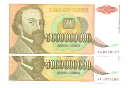 Yougoslavie Yugoslavia 5.000.000.000 Dinara 1993 UNC / NEUF - 2 Consecutive - Jugoslavia