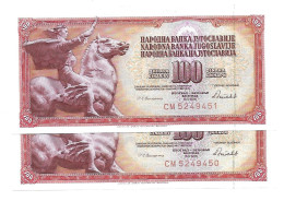 Yougoslavie Yugoslavia 100 Dinara 1986 UNC / NEUF - 2 Consecutive - Jugoslavia