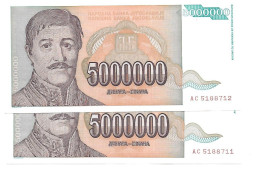 Yougoslavie Yugoslavia 5.000.000 Dinara 1993 UNC / NEUF - 2 Consecutive - Yougoslavie