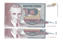 Yougoslavie Yugoslavia 5.000.000 Dinara 1993 UNC / NEUF - 2 Consecutive Variant - Jugoslawien