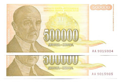 Yougoslavie Yugoslavia 500.000 Dinara 1994 UNC / NEUF - 2 Consecutive - Yougoslavie