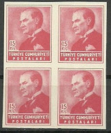 Turkey; 1955 Regular Stamp 15 K. ERROR "Imperf. Block Of 4" - Unused Stamps