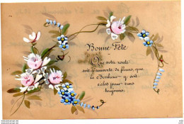 CPA Imitation  CELLULOID Sur Papier Peint A La Main - BONNE FETE Avec Couronne De Fleurs - Texte - Altri & Non Classificati