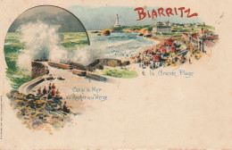 GU 24 -(64) BIARRITZ  - COUP DE MER AU ROCHER DE LA VIERGE - LA GRANDE PLAGE - CARTE FANTAISIE COLORISEE - ILLUSTRATION  - Biarritz