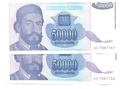 Yougoslavie Yugoslavia 50.000 Dinara 1993 UNC / NEUF - 2 Consecutive - Yougoslavie