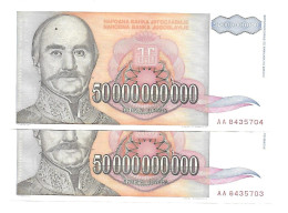 Yougoslavie Yugoslavia 50.000.000.000 Dinara 1993 UNC / NEUF - 2 Consecutive - Jugoslavia