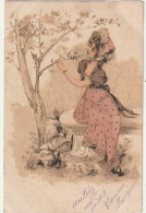 FI 8- CARTE FANTAISIE STYLE VIENNOISE ( 1904) - ILLUSTRATION - FEMME ASSISE SUR UN BANC , DECOR CHAMPETRE - DORURE - Femmes