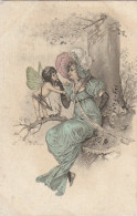 FI 8- FEMME AVEC CHERUBIN , CARQUOIS ET FLECHES - CARTE FANTAISIE ILLUSTRATION STYLE VIENNOISE - 2 SCANS - Femmes