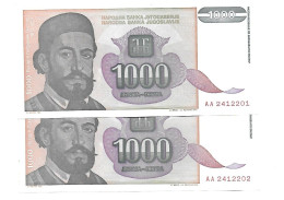 Yougoslavie Yugoslavia 1.000 Dinara 1994 UNC / NEUF - 2 Consecutive - Joegoslavië