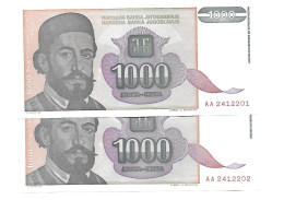Yougoslavie Yugoslavia 1.000 Dinara 1994 UNC / NEUF - 2 Consecutive - Jugoslawien