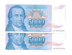 Yougoslavie Yugoslavia 5.000 Dinara 1994 UNC / NEUF - 2 Consecutive - Yougoslavie