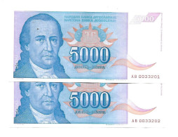Yougoslavie Yugoslavia 5.000 Dinara 1994 UNC / NEUF - 2 Consecutive - Autres - Europe