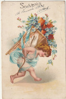 GU Nw - " SOUVENIR  " ( 1906 ) - CHERUBIN AVEC ARC PORTANT UNE PANIERE DE MYOSOTIS ET COEURS - CARTE GAUFREE - 2 SCANS - Sonstige & Ohne Zuordnung