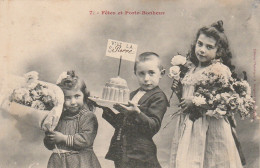 GU Nw - " FETES ET PORTE BONHEUR " - VIVE LA ST PIERRE - ENFANTS AVEC GATEAU ET FLEURS - BERGERET , NANCY - 2 SCANS - Gruppen Von Kindern Und Familien