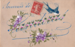 EP 28-(33) " SOUVENIR DE LANDIRAS " - CARTE CELLULOID PEINTE - FLEURS VIOLETTES ET HIRONDELLE - Other & Unclassified