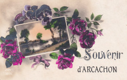 EP Nw-(33) SOUVENIR D'ARCACHON - CARTE FANTAISIE AVEC FLEURS : ROSES , PENSEES ET PAYSAGE - Arcachon