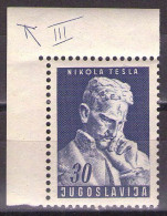 Yugoslavia 1953 - Nikola Tesla - Mi 713 - Plate Number - MNH**VF - Unused Stamps
