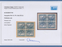 Saar 1921 Mi.-Nr. 55A Kehrdruck Kdr III  2 Mal Im 4er-Block O, Mit KB Geigle BPP - Used Stamps