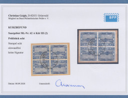 Saar 1921 Mi.-Nr. 62A Kehrdruck Kdr III  2 Mal Im 4er-Block O, Mit KB Geigle BPP - Used Stamps