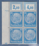 Dt. Reich Hindenburg Waffeln 20 Pfg. Mi.-Nr. 489 Eckrandviererblock OL Mit DZ 7 - Nuevos