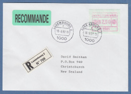 Luxemburg ATM P2501 Wert 82 Auf R-Brief Nach Neuseeland, O 13.3.92 - Viñetas De Franqueo