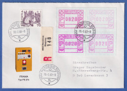 Schweiz 1978 FRAMA-ATM Mi-Nr. 2 R-Brief Mit 4 ATM, Je 0020 Und ZF, O MENDRISIO - Automatic Stamps