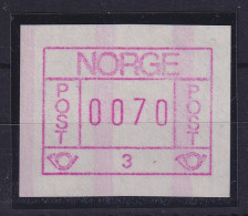 Norwegen / Norge Frama-ATM 1978, Aut.-Nr. 3 Mit Endstreifen, Wert 0070 ** - Machine Labels [ATM]