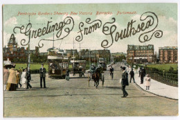 GREETINGS FROM SOUTHSEA / PORTSMOUTH, PEMBROKE GARDENS SHOWING NEW VICTORIA BARRACKS (TRAMS, GLITTER) - Southsea