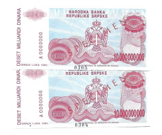 Bosnie Herzegovine Bosnia 10.000.000.000 Dinara 1993 UNC / NEUF - SPECIMEN - 2 Consecutives - Bosnië En Herzegovina