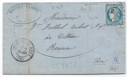 LT5951   N°46B/Lettre, Oblitéré Losange PL, GARE De TOURNUS Pour ROANNE Du 7 Mars 1871. Sans Dateur Sur Le Cachet - 1870 Emissione Di Bordeaux