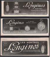 Lot De 3 Publicités 1916 Et 1924 MONTRE Horlogerie LONGINES Embleme Sablier Temps Heure Symbole Montres Gousset - Advertising