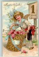 13949905 - Neujahr Rosen Kalender Lithografie - Engel