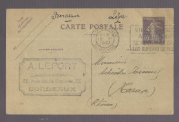 Cachet A. Lefort Sur Entier Postal 40 Centimes Semeuse Violet Voyagé En Novembre 1927 Vers Tarare (13586) - Bordeaux