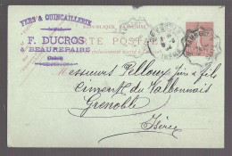 Cachet F. Ducros Sur Entier Postal 10 Centimes Semeuse Voyagé En Septembre 1904 Vers Grenoble (13587) - Beaurepaire