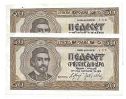 Serbie Serbia Yougoslavie Yugoslavia 50 Dinara 1942 UNC / NEUF  - 2 Consecutive - Servië