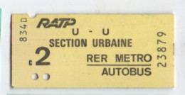 Ticket Ancien RATP/Section Urbaine U U / 2éme/avec Vol Oiseaux 1789 Au Verso/ Vers 1990    TCK256 - Railway