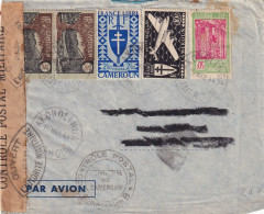 LETTRE. CAMEROUN.15 MARS 1944. PAR AVION AKONOLINGA 23Fr. BANDE + CACHET CENSURE - Storia Postale