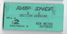 Ticket Ancien RATP SNCF/Section Urbaine / 2éme/RER Métro Autobus/ Vers 1990    TCK258 - Railway