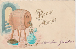 HO 22 - CARTE  GAUFREE  " BONNE  ANNEE " - CAVE AVEC TONNEAU DE PIECES D'OR  - PIECES ET LETTRES DOREES- 2 SCANS  - Nieuwjaar