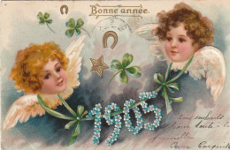 HO 22 - CARTE  GAUFREE " BONNE  ANNEE  1905" - VISAGES D'ANGELOTS AVEC TREFLES , FER A CHEVAL ET ETOILE DORES- 2 SCANS  - Neujahr