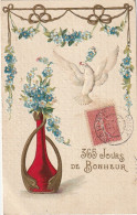 HO 22 - CARTE GAUFREE FANTAISIE " 365 JOURS DE BONHEUR " - VASE DE FLEURS ART NOUVEAU ET COLOMBE - 2 SCANS  - Neujahr