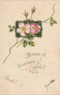 HO 22 - CARTE  FANTAISIE  " BONNE  ET HEUREUSE ANNEE " -  TIGE DE ROSES , FLEURS ET BOUTONS   - 2 SCANS  - Nieuwjaar