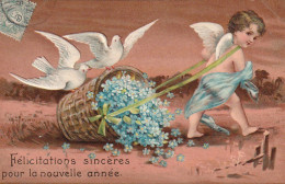 HO 23 - CARTE  GAUFREE FANTAISIE -  ANGELOT TIRANT UN PANIER DE MYOSOTIS AVEC COUPLE DE COLOMBES - 2 SCANS - New Year