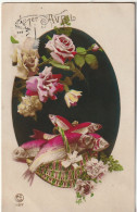 HO 24 - CARTE FANTAISIE  1er AVRIL  - MEDAILLON AVEC PANIER DE POISSONS ET BOUQUET DE ROSES - 2 SCANS - 1 April (aprilvis)