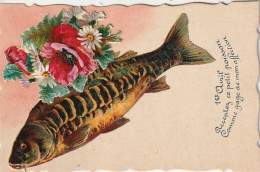 HO 24 - CARTE  FANTAISIE " ACCEPTEZ CE PETIT POISSON "- AJOUT DE CHROMOS : POISSON ET BOUQUET DE FLEURS  - 2 SCANS - Erster April