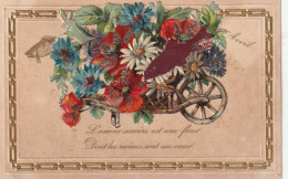 HO 25 - CARTE  FANTAISIE " L'AMOUR SINCERE " AVEC AJOUT DE CHROMO : BROUETTE DE FLEURS DES CHAMPS ET POISSONS   - Erster April